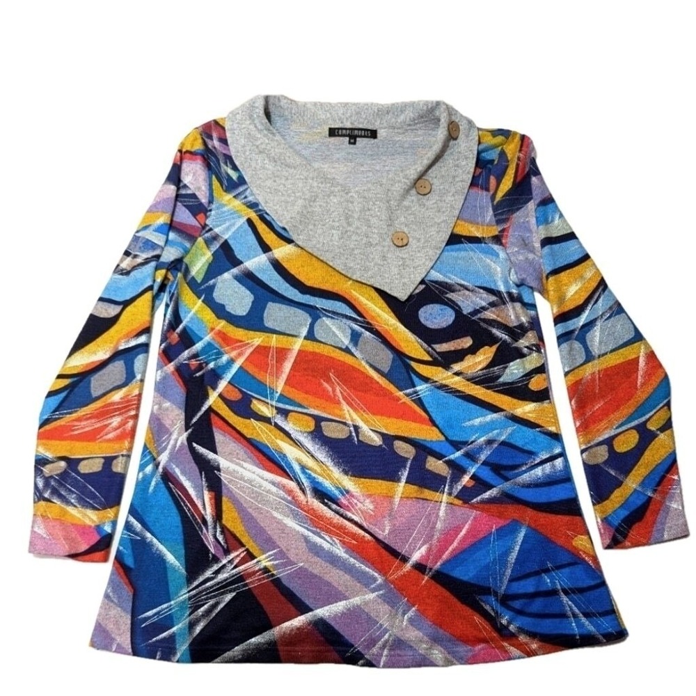 Tunic Sweater Envelope Neck‎ Geometric Print Colorful Whimsical Bright Sz Medium - Picture 2 of 7
